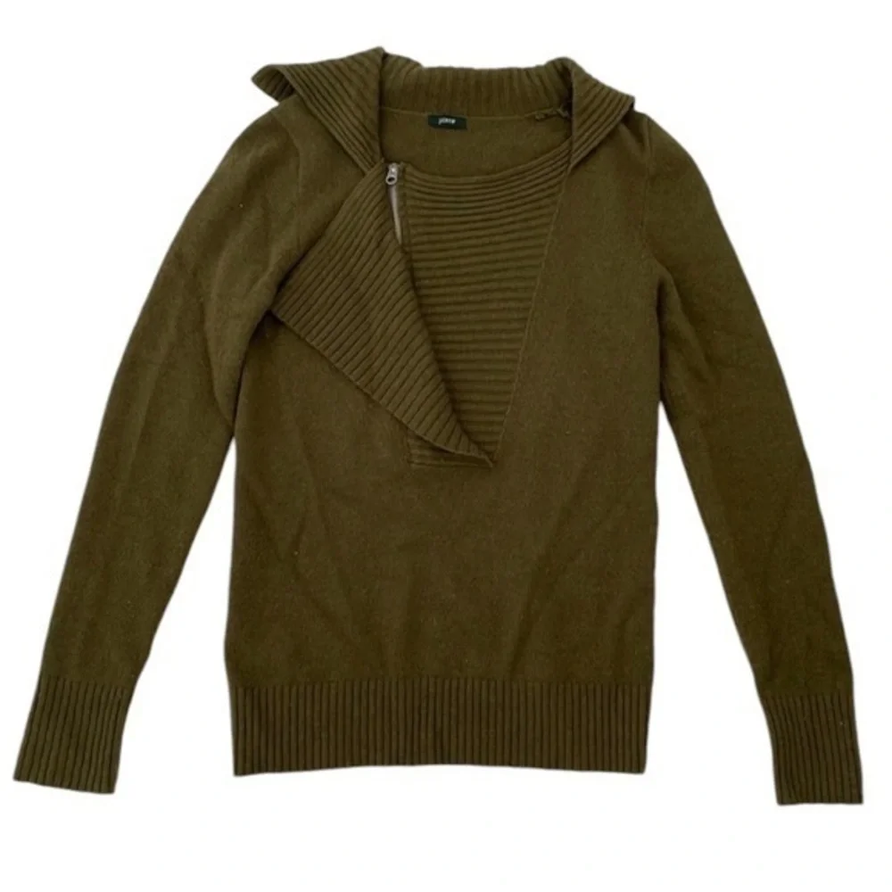 J. Crew Asymmetrical Zip Neck Ruffle Cashmere Wool Ribbed Sweater - Picture 2 of 10